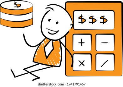 Businessman - Office worker manager holds out money and  sitting next to calculator.
Boy hand drawn doodle line art cartoon design character - isolated vector illustration outline of man.