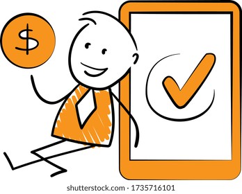 Businessman - Office worker manager with money and mobile phone,
Boy hand drawn doodle line art cartoon design character - isolated vector illustration outline of man.