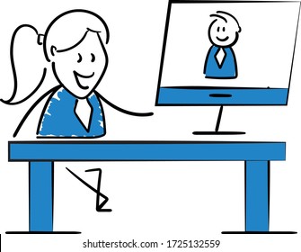 Businessman - Office worker manager online conference. online meeting. 
Girl and boy hand drawn doodle line art cartoon design character - isolated vector illustration outline of man.