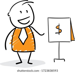 Businessman - Office worker manager presentation with dollar sign.
Boy hand drawn doodle line art cartoon design character - isolated vector illustration outline of man.

