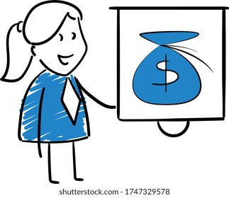 Empresario - Director de oficina y presentación con saco de dinero.
Caricatura de diseño de dibujos animados de la línea de doodle dibujada a mano - ilustración vectorial aislada de la mujer.
