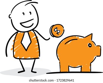 Empresario - Gestor de trabajo de oficina ahorrando el banco piggy.
Caricatura de diseño de dibujos animados dibujados a mano - ilustración vectorial aislada del hombre.

