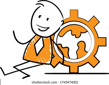 Businessman - Office worker manager sitting next to world stick figure.
Boy hand drawn doodle line art cartoon design character - isolated vector illustration outline of man.