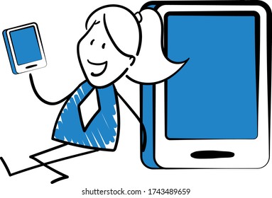 
Businessman - Office worker manager sitting next to smartphone with phone.
Girl hand drawn doodle line art cartoon design character - isolated vector illustration outline of woman.