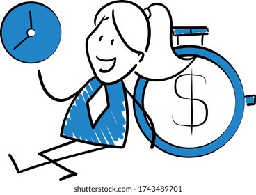 
Businessman - Office worker manager sitting next to money timer and holding a clock.
Girl hand drawn doodle line art cartoon design character - isolated vector illustration outline of woman.