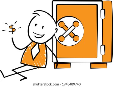 
Businessman - Office worker manager sitting next to safe with money.
Boy hand drawn doodle line art cartoon design character - isolated vector illustration outline of man.