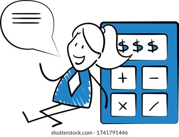 Businessman - Office worker manager with speech bubble and  sitting next to calculator.
Girl hand drawn doodle line art cartoon design character - isolated vector illustration outline of woman.