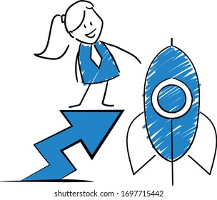 Businessman - Office worker manager standing on arrow chart and rocket going to space.
Girl hand drawn doodle line art cartoon design character - isolated vector illustration outline of woman.
