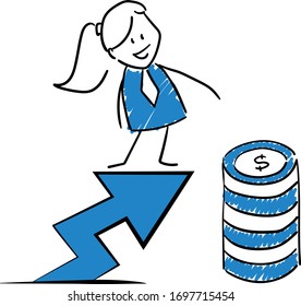 Businessman - Office worker manager standing on arrow chart and stack of money coins.
Girl hand drawn doodle line art cartoon design character - isolated vector illustration outline of woman.
