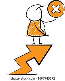 Empresario - Administrador de trabajo de oficina en un gráfico de flecha con signo de marca erróneo.
Caricatura de diseño de dibujos animados dibujados a mano - ilustración vectorial aislada del hombre.
