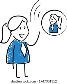 Businessman - Office worker manager talking to colleague online conference call. Girl hand drawn doodle line art cartoon design character - isolated vector illustration outline of woman.