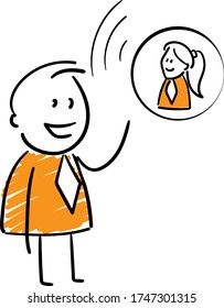 Businessman - Office worker manager talking to colleague online conference call. Girl and boy hand drawn doodle line art cartoon design character - isolated vector illustration outline of man.