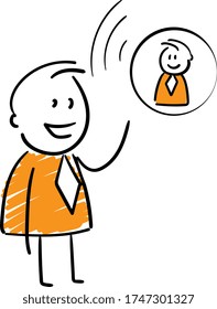 Businessman - Office worker manager talking to colleague online conference call. Boy hand drawn doodle line art cartoon design character - isolated vector illustration outline of man.
