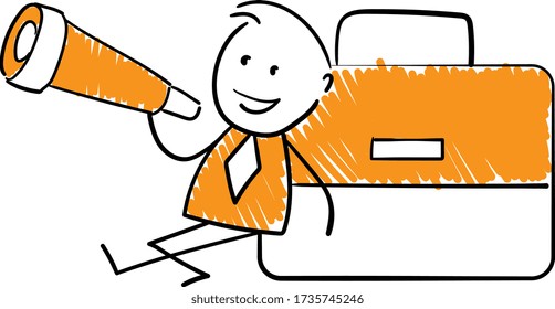 Businessman - Office worker manager using telescope and sitting next to briefcase.
Boy hand drawn doodle line art cartoon design character - isolated vector illustration outline of man.