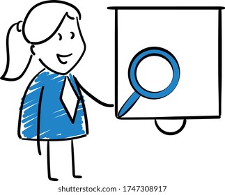 Businessman - Office worker manager with whiteboard and magnifier.
Girl hand drawn doodle line art cartoon design character - isolated vector illustration outline of woman.