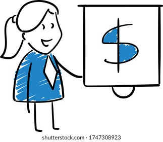 Businessman - Office worker manager with whiteboard dollar sign.
Girl hand drawn doodle line art cartoon design character - isolated vector illustration outline of woman.