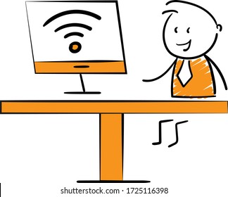 Businessman - Office worker manager working on computer and wi fi theme. Boy hand drawn doodle line art cartoon design character - isolated vector illustration outline of man.
