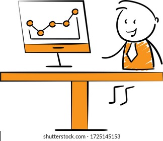 Empresario - Gestor de trabajo de oficina que trabaja en un diagrama de doodles computarizado y gráfico.
Caricatura de diseño de dibujos animados de la línea de doodle dibujada a mano - ilustración vectorial aislada contorno del hombre.