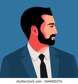 Businessman or office worker, portrait side view. Male bearded character wearing business clothes. Vector illustration