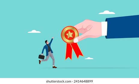 businessman or office worker receiving trophy for outstanding employees, career achievement concept, celebrate work achievement, winning prize or trophy, business success concept illustration