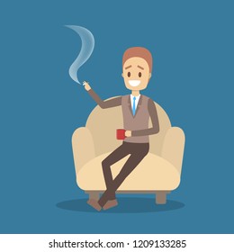 Businessman or office worker relax in armchair during the coffee break and smoking. Person smoke a cigarette and hold a cup of hot drink. Flat vector illustration