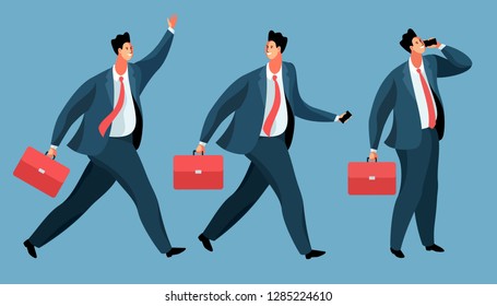 Businessman or office worker. Set of cartoon characters standing, walking and  running with briefcase and smartphone. Vector illustration