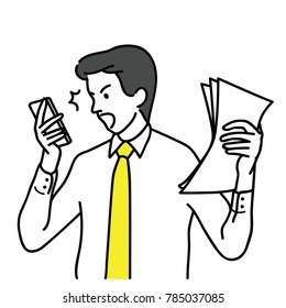 Businessman, office worker, shocked and surprised with smartphone, having problem and trouble. Outline, linear, thin line art, hand drawn sketch design, simple style.