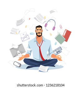 Businessman or Office Worker Sitting in Lotus Pose, Meditating on Workplace, Trying to Stay Calm in Tasks Chaos Flat Vector Illustration Isolated on White Background. Stress Relief and Balance in Work