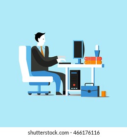 Businessman or office worker sitting on chair and working on the computer. Business concept vector illustration in flat style design.