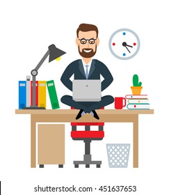businessman office worker sitting in yoga pose in office and working on notebook isolated on white background