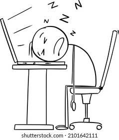 Businessman Or Office Worker Sleeping On Computer Keyboard In Office,vector Cartoon Stick Figure Or Character Illustration.