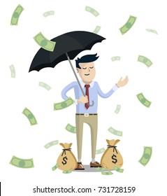 businessman, office worker stand under umbrella , rain of money, flat design character, money bags