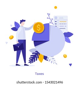 Businessman or office worker standing beside pie chart and holding dollar coin. Concept of taxpayer and tax burden, taxation, fiscal policy, budget planning. Modern flat colorful vector illustration.