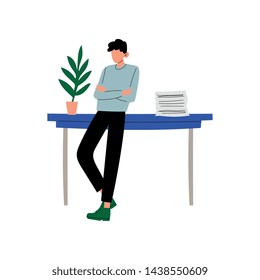 Businessman or Office Worker Standing Next to Desk, Young Man Working in Office Vector Illustration