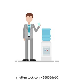 Businessman or office worker in suite using water dispenser and  holding plastic cup flat illustration isolated on the white background