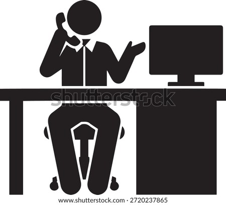 Businessman or office worker talking on the phone vector icon. Employee sitting at a desk with a computer answering a call. Customer support or sales concept.