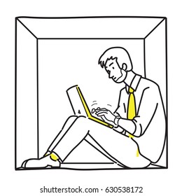 Businessman Or Office Worker, Working With Laptop Computer, Sitting Inside The Box, Presenting To Introvert Man Concept. Line Draw Style Illustration, Simple Design. 