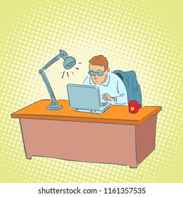 businessman in the office working on a laptop. Comic cartoon pop art retro vector illustration drawing