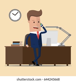Businessman in a office workplace is sitting on a table and talking on the cellphone. Vector illustration