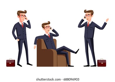 Businessman in a office workplace is sitting on a table and talking on the cellphone. Vector illustration. phone art