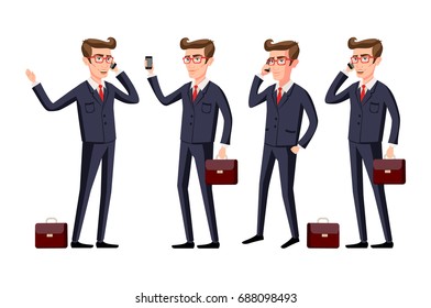 Businessman in a office workplace is sitting on a table and talking on the cellphone. Vector illustration. phone art
