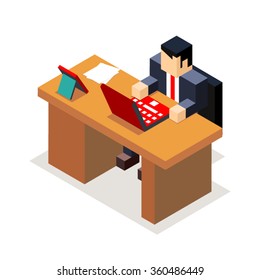 Businessman office workroom with laptop documents isometric flat design vector illustration