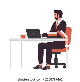 Businessman At Office Workstation. Manager Working At Table Vector Illustration