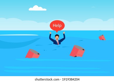 Businessman and oil drum drowning in the sea while asking help