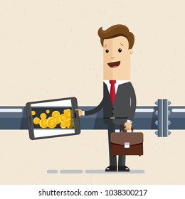 Businessman oil and gas industry oil pipe line and money. Vector illustration flat