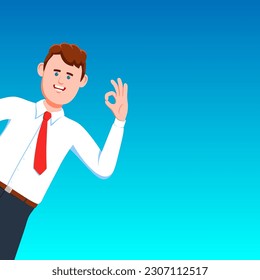 Businessman with ok gesture. Man peeking out with ok gesture. Vector illustration.