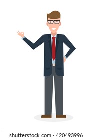 Businessman with ok on white background. Caucasian white-collar gesturink okay. Successful and positive consultant. Greeting or agreement.