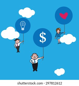 Businessman old flying with balloons