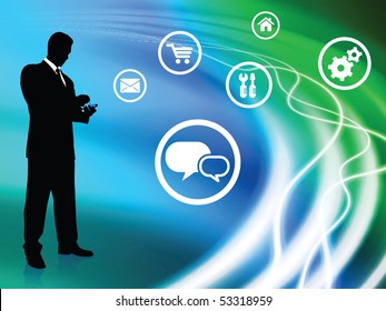 Businessman on Abstract Background with Icons Original Illustration