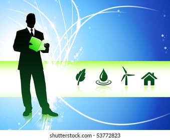 Businessman on Abstract Background with Nature Icons Original Illustration